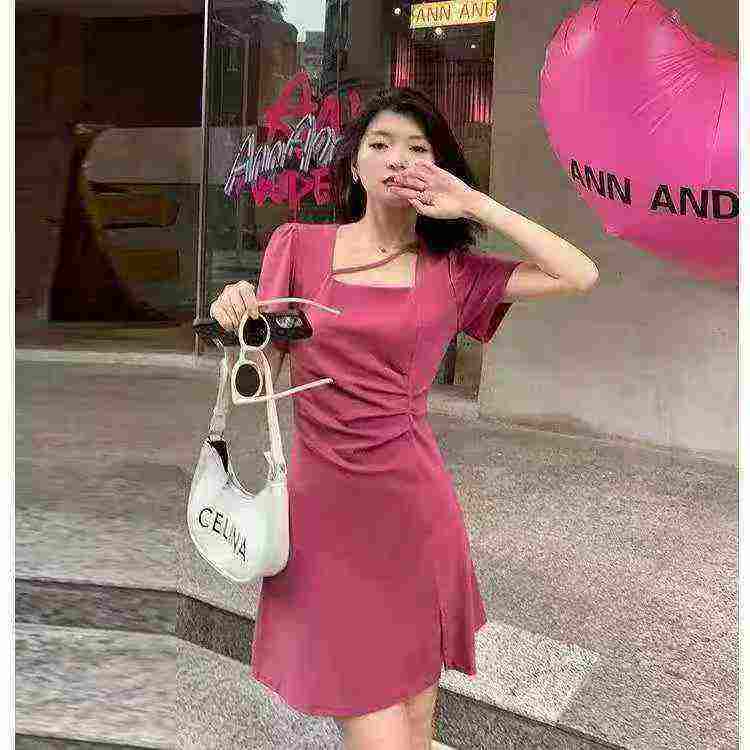 Stylish Square Neck Diagonal Stripe Ruched Waist Split Hem Women's Dress Bulk Stock Wholesale - Image 1