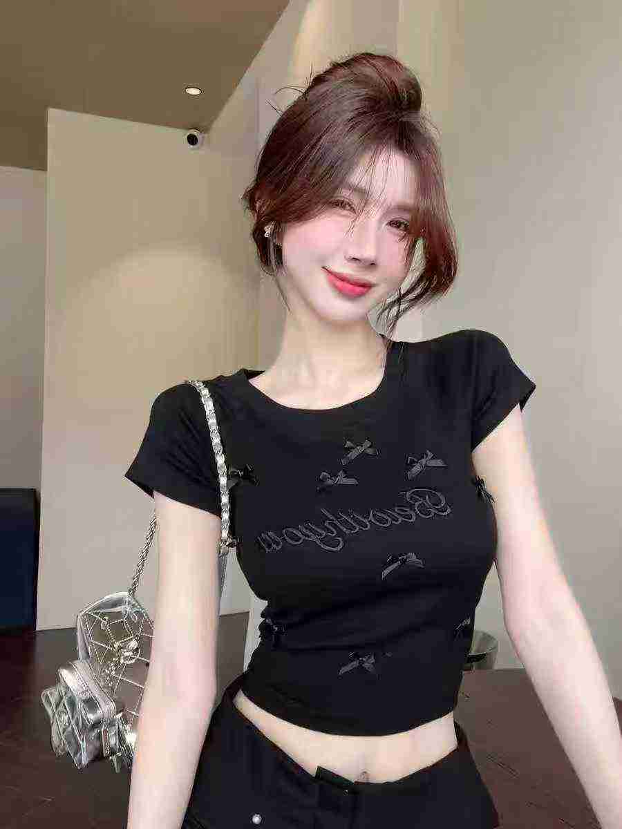 Korean Sweet Style Letter Embroidered Butterfly Detail Slim Fit Short Sleeve T-Shirt Bulk Stock Wholesale - Image 1