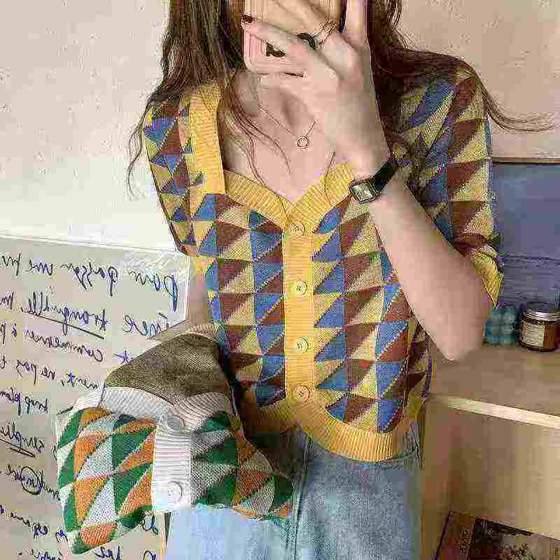 Summer Korean INS Style Vintage Plaid Colorblock Square Neck Slim Women Short Sleeve Knit Cardigan Bulk Wholesale Stock Clothing - Image 1