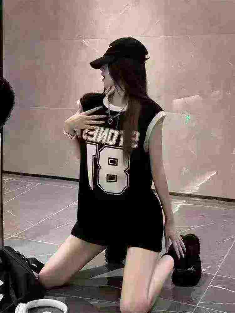 American Retro Knit T-Shirt Dress For Women Summer Colorblock Crew Neck Unique Print Loose Sleeveless Short Dress Bulk Stock Wholesale - Image 1