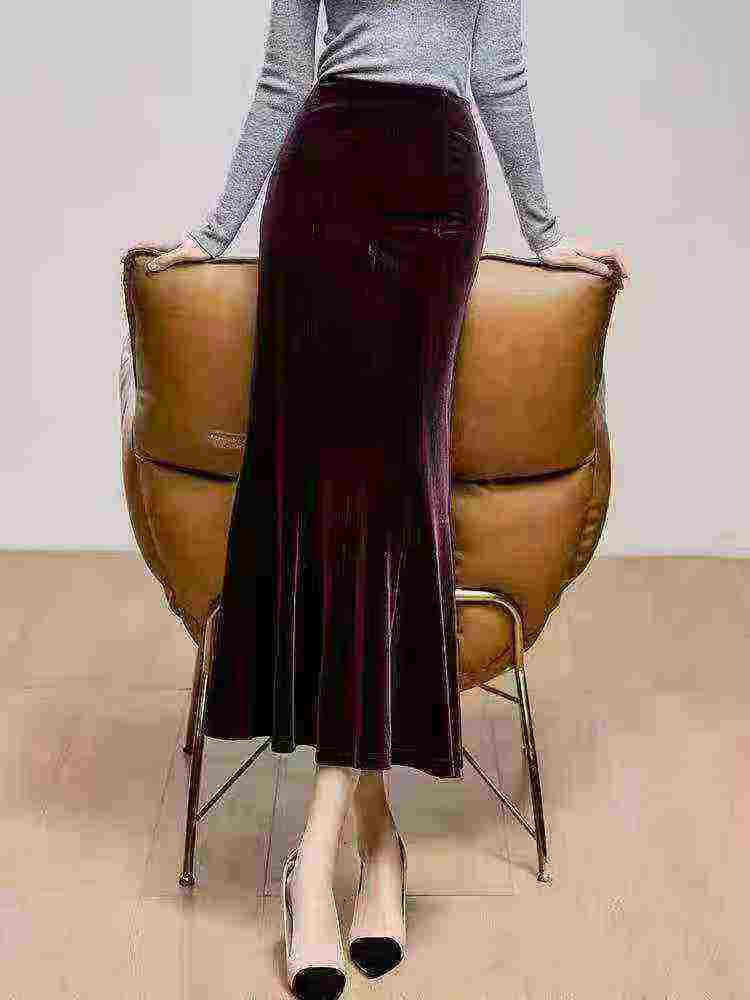 Bulk Clearance 1238 Pcs Gold Velvet Mermaid Bodycon Elastic High Waist Skirts Fall Winter Chinese Clothing Stock Wholesale - Image 1