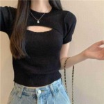 Summer New Irregular Cutout Regular Shoulder Ice Silk Knit Short Sleeve Blouse, 710 Pieces Bulk Stock Clearance Wholesale - Image 8