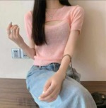 Summer New Irregular Cutout Regular Shoulder Ice Silk Knit Short Sleeve Blouse, 710 Pieces Bulk Stock Clearance Wholesale - Image 5
