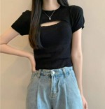 Summer New Irregular Cutout Regular Shoulder Ice Silk Knit Short Sleeve Blouse, 710 Pieces Bulk Stock Clearance Wholesale - Image 4