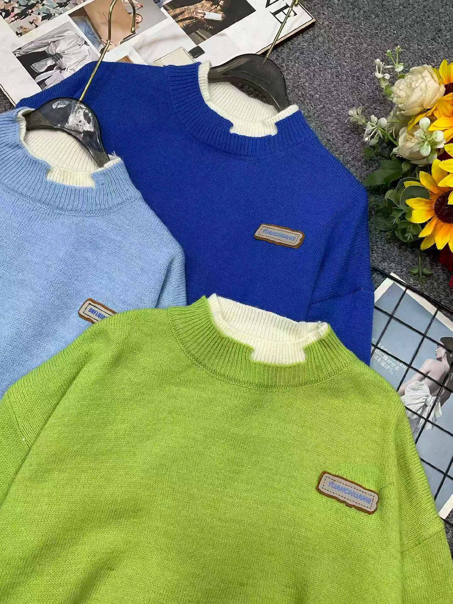 New Autumn Winter Korean Style Loose Fake Two-piece Oversized Drop Shoulder Crew Neck Polar Fleece Pullover Sweater Around 200 Pcs - Image 2
