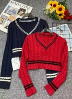New Spring Autumn Casual College Style V-Neck Twist Cropped Knit Sweater, About 65 Pieces Bulk Stock Lot - Image 1