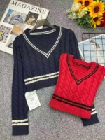 New Spring Autumn Casual College Style V-Neck Twist Cropped Knit Sweater, About 65 Pieces Bulk Stock Lot - Image 9
