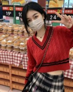 New Spring Autumn Casual College Style V-Neck Twist Cropped Knit Sweater, About 65 Pieces Bulk Stock Lot - Image 7