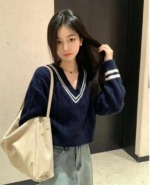 New Spring Autumn Casual College Style V-Neck Twist Cropped Knit Sweater, About 65 Pieces Bulk Stock Lot - Image 6