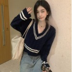 New Spring Autumn Casual College Style V-Neck Twist Cropped Knit Sweater, About 65 Pieces Bulk Stock Lot - Image 4