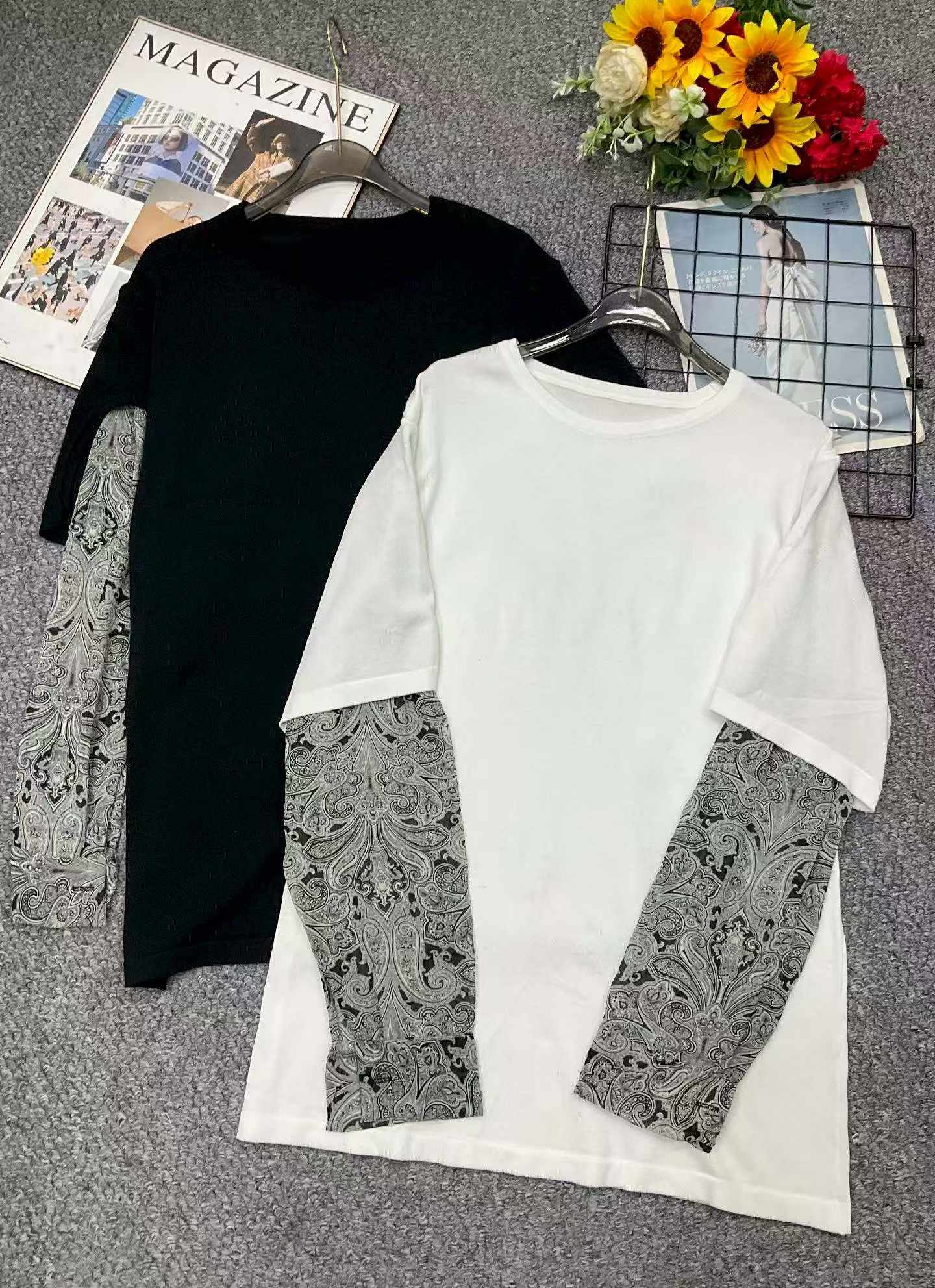 Spring Summer New Design Patchwork Paisley Sleeve Fake Two Piece Loose Oversized One Size Knit Tops, 260 Pieces - Image 1