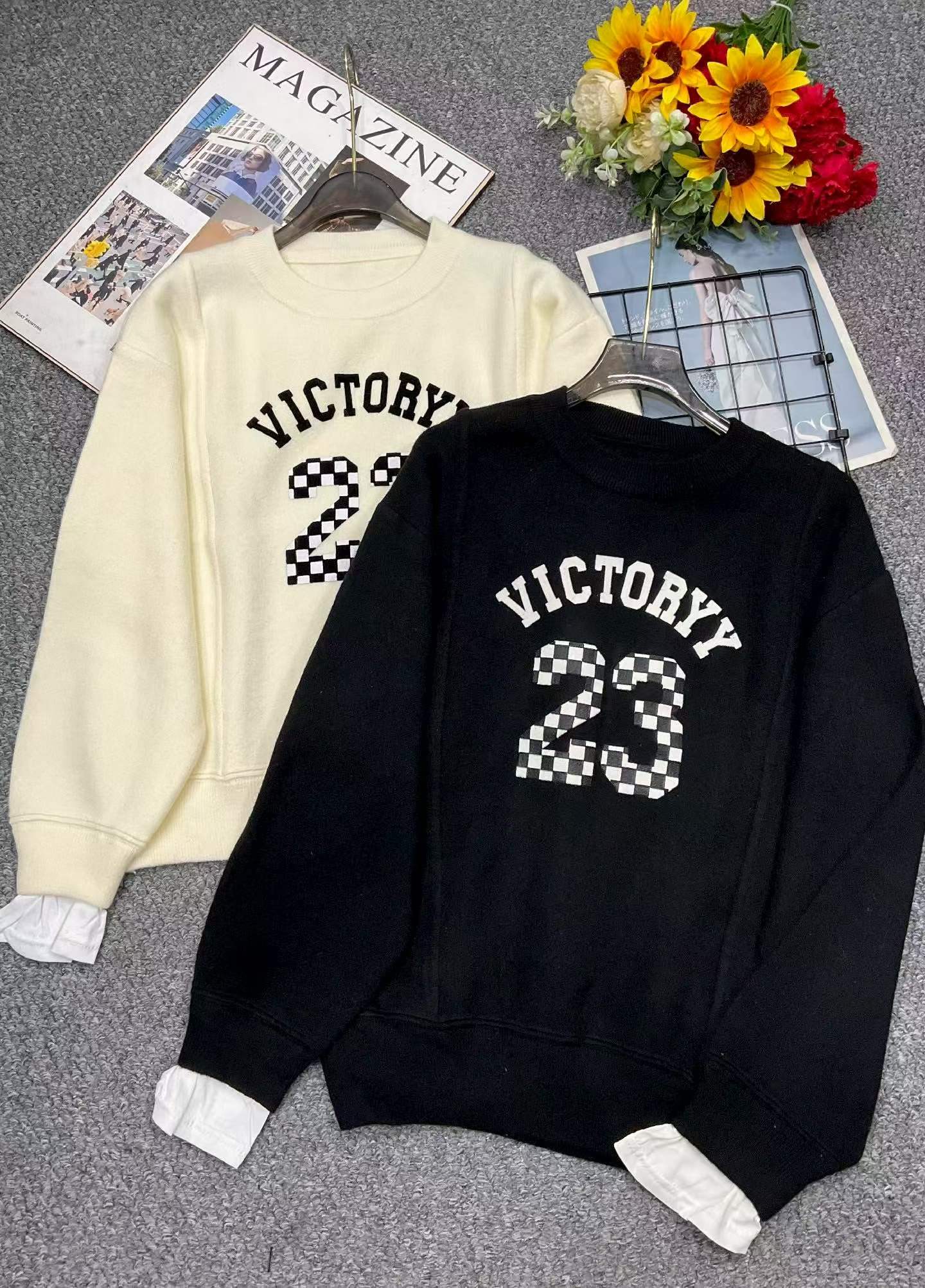Spring Viral Retro Fake Two-piece Jacquard Loose Crewneck Pullover Sweater, Approx 70 Pcs Bulk Stock Lot - Image 1