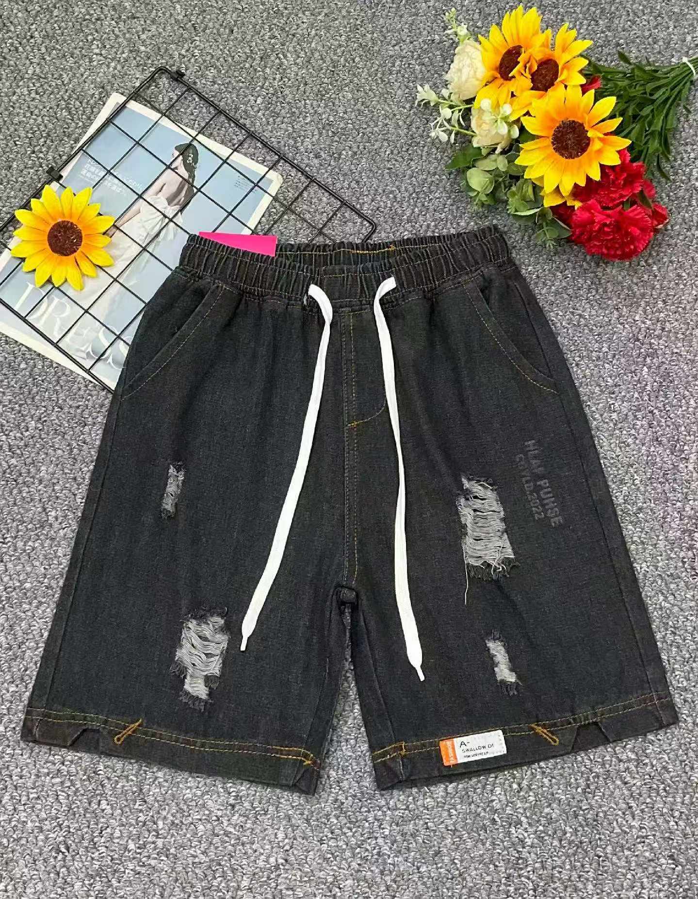 New Summer Men's Elastic Waist Ripped Denim Shorts | 1080 Pcs Bulk Stock Wholesale Export - Image 1