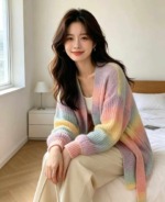 58 Pieces Autumn Winter Color-block Striped Thick Knit Cardigan Sweater Bulk Stock Wholesale - Image 6