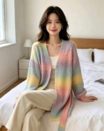 58 Pieces Autumn Winter Color-block Striped Thick Knit Cardigan Sweater Bulk Stock Wholesale - Image 5