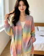 58 Pieces Autumn Winter Color-block Striped Thick Knit Cardigan Sweater Bulk Stock Wholesale - Image 3