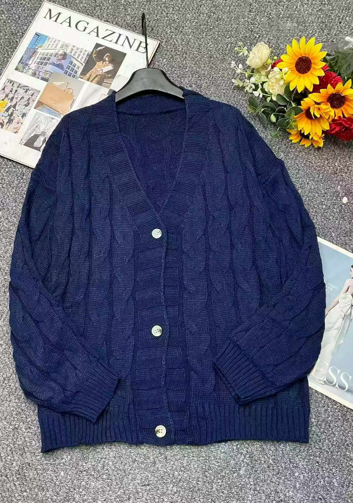 Autumn Winter Vintage Loose Cable Knit Cardigan Sweater, 220 Pieces Bulk Stock Wholesale - Image 1
