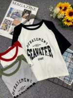 Summer New American Vintage Hollow Out Colorblock Letter Print Loose Short Sleeve Knit T-Shirt, Around 100 Pieces - Image 1