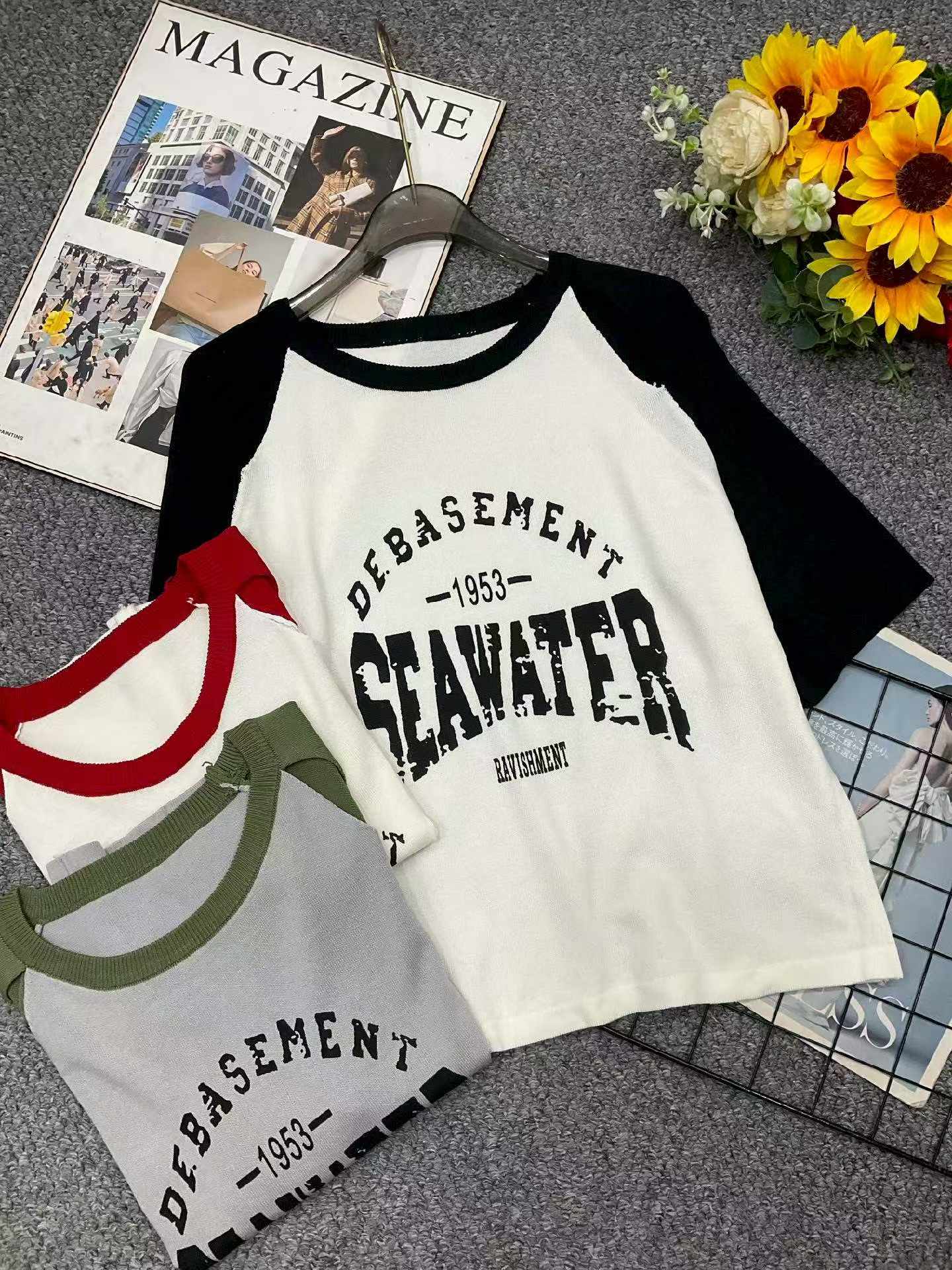 Summer New American Vintage Hollow Out Colorblock Letter Print Loose Short Sleeve Knit T-Shirt, Around 100 Pieces - Image 1