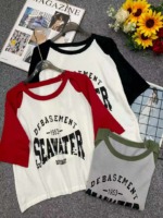 Summer New American Vintage Hollow Out Colorblock Letter Print Loose Short Sleeve Knit T-Shirt, Around 100 Pieces - Image 9
