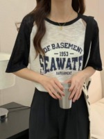 Summer New American Vintage Hollow Out Colorblock Letter Print Loose Short Sleeve Knit T-Shirt, Around 100 Pieces - Image 5