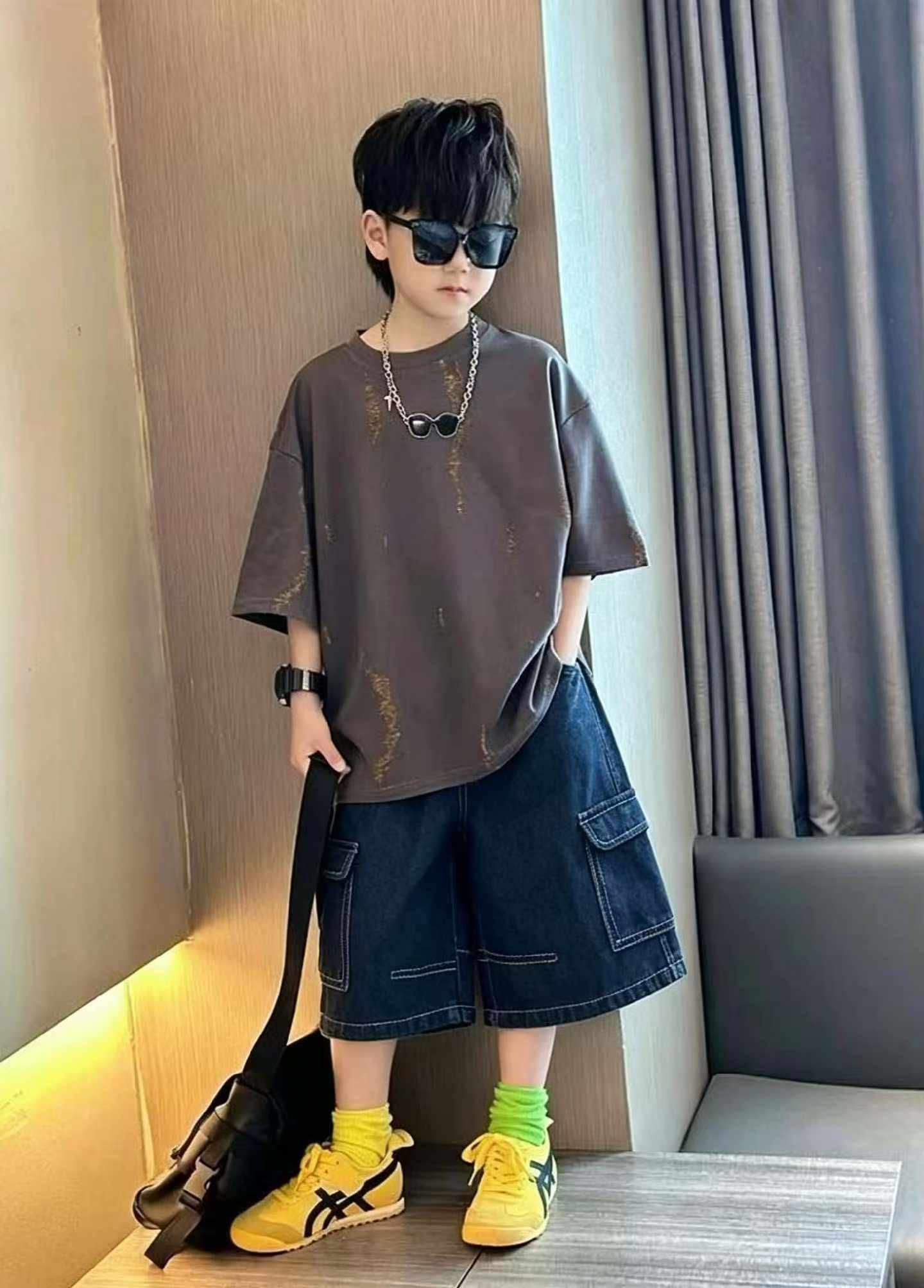 Summer New Unisex Boys Girls Kids Vintage Washed Cotton Multi-pocket Cargo Denim Shorts Size 100-150, Total 424 Pcs Bulk Wholesale - Image 2