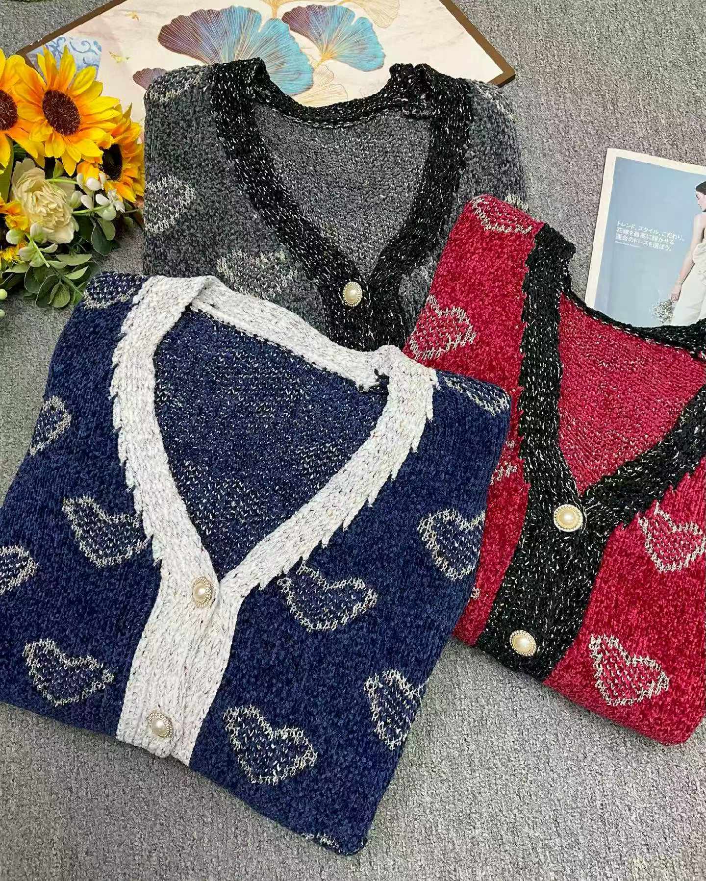 New Autumn Winter High Quality Loose Jacquard Tweed Chenille Cardigan Sweater 793 Pcs Bulk Stock Wholesale - Image 1
