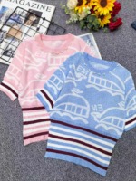 Summer New Trendy Contrast Color Heavy Beading Knit Short Sleeve T-Shirt, 360 Pieces Bulk Stock Wholesale - Image 1