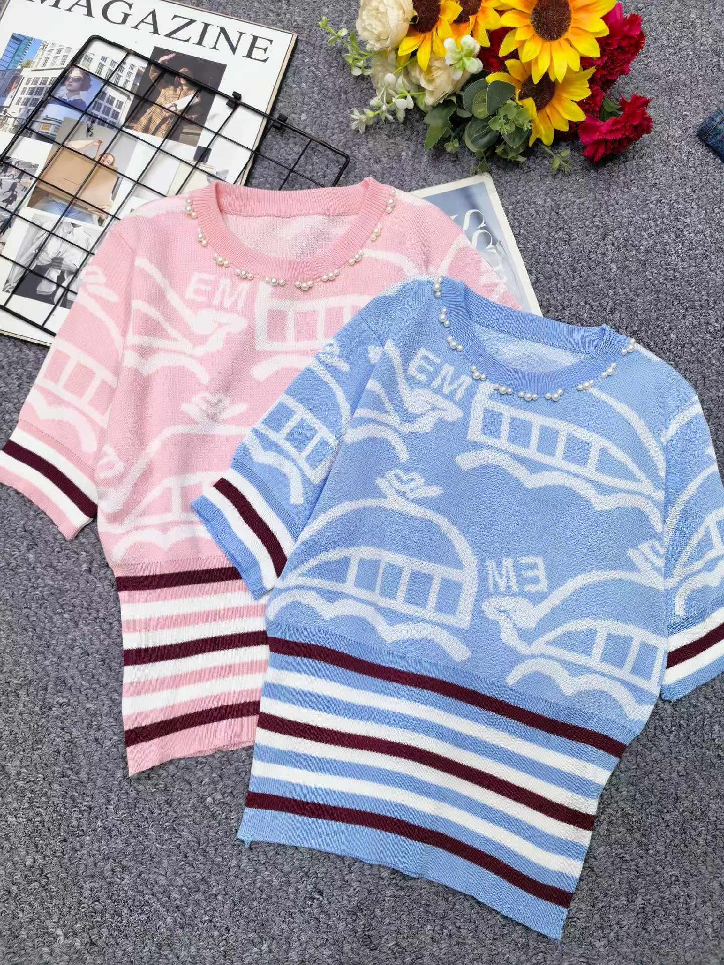 Summer New Trendy Contrast Color Heavy Beading Knit Short Sleeve T-Shirt, 360 Pieces Bulk Stock Wholesale - Image 1