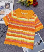 Summer New Loose Color-block Gradient Crochet Hollow-out Lapel Knit Short Sleeve Cardigan 340 Pcs Bulk Stock - Image 1