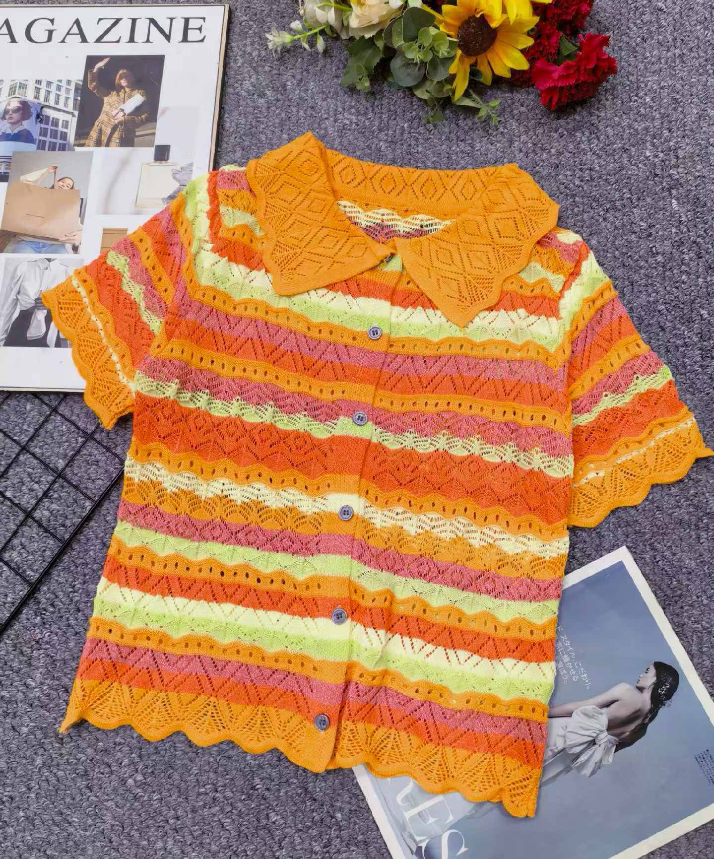 Summer New Loose Color-block Gradient Crochet Hollow-out Lapel Knit Short Sleeve Cardigan 340 Pcs Bulk Stock - Image 1