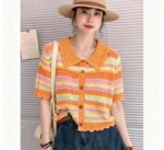Summer New Loose Color-block Gradient Crochet Hollow-out Lapel Knit Short Sleeve Cardigan 340 Pcs Bulk Stock - Image 5