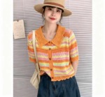 Summer New Loose Color-block Gradient Crochet Hollow-out Lapel Knit Short Sleeve Cardigan 340 Pcs Bulk Stock - Image 4