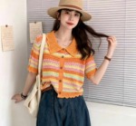 Summer New Loose Color-block Gradient Crochet Hollow-out Lapel Knit Short Sleeve Cardigan 340 Pcs Bulk Stock - Image 3