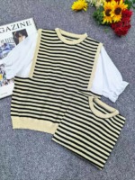 Summer New Loose Chiffon Spliced Color-block Stripe Knit Short Sleeve T-Shirts | 300 Pieces Bulk Stock Wholesale - Image 1