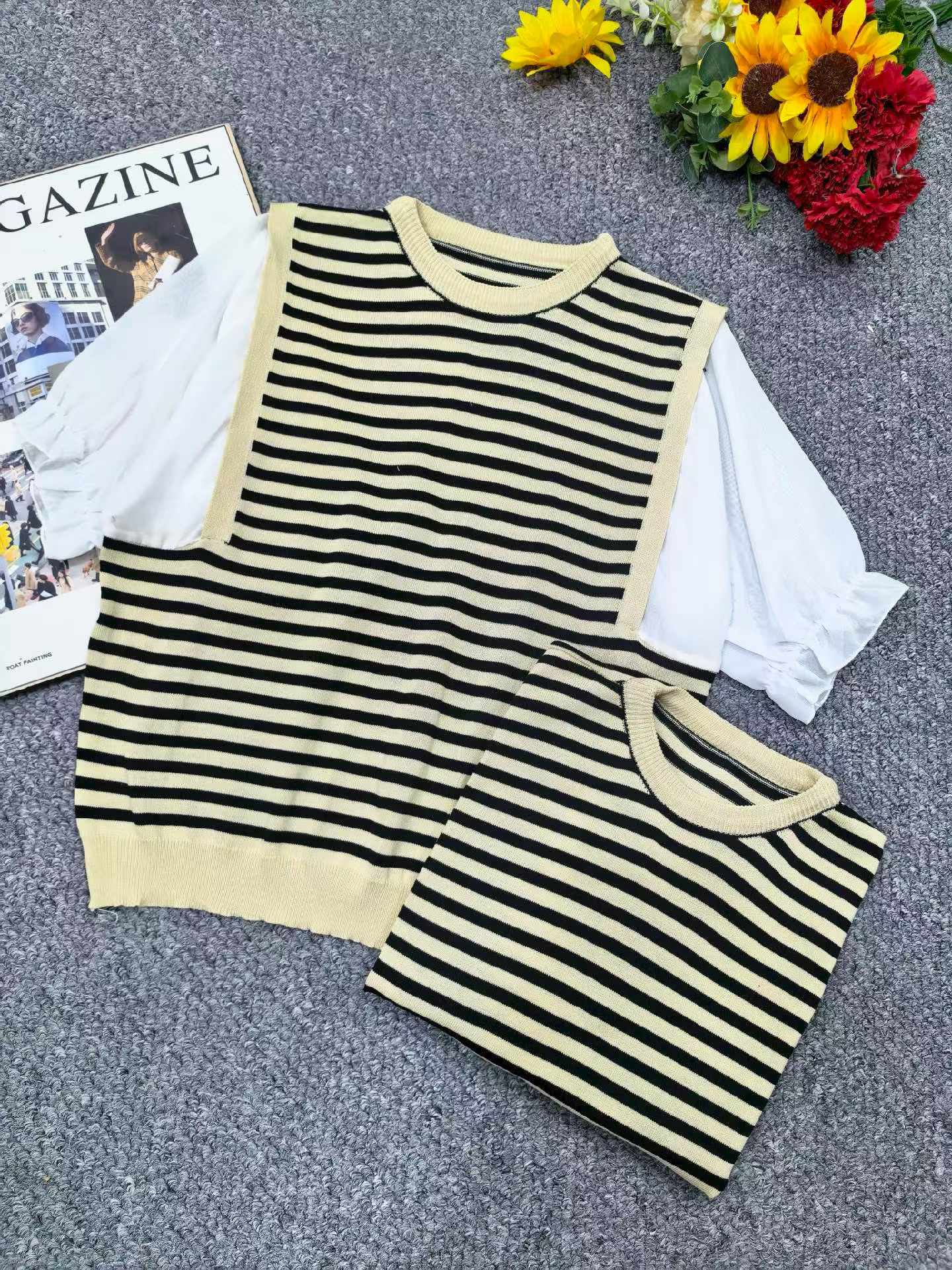 Summer New Loose Chiffon Spliced Color-block Stripe Knit Short Sleeve T-Shirts | 300 Pieces Bulk Stock Wholesale - Image 1