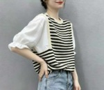Summer New Loose Chiffon Spliced Color-block Stripe Knit Short Sleeve T-Shirts | 300 Pieces Bulk Stock Wholesale - Image 7