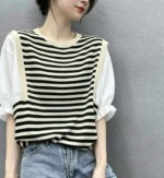 Summer New Loose Chiffon Spliced Color-block Stripe Knit Short Sleeve T-Shirts | 300 Pieces Bulk Stock Wholesale - Image 6