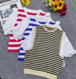 Summer New Loose Chiffon Spliced Color-block Stripe Knit Short Sleeve T-Shirts | 300 Pieces Bulk Stock Wholesale - Image 5