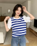 Summer New Loose Chiffon Spliced Color-block Stripe Knit Short Sleeve T-Shirts | 300 Pieces Bulk Stock Wholesale - Image 4