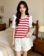 Summer New Loose Chiffon Spliced Color-block Stripe Knit Short Sleeve T-Shirts | 300 Pieces Bulk Stock Wholesale - Image 3