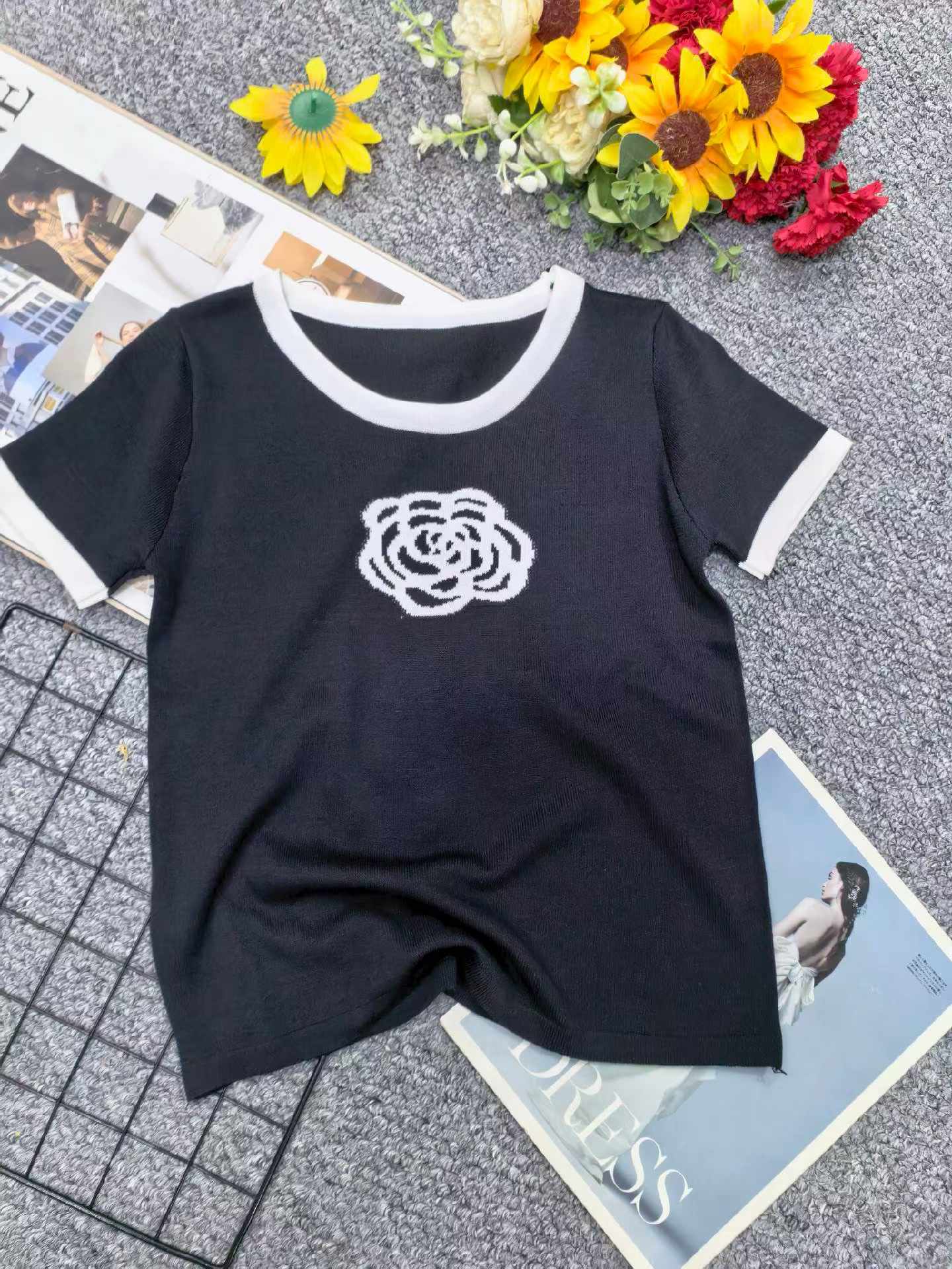 80 Pieces Summer Camellia Korean Style Loose Versatile Color-block Knit T-Shirt Stock Clearance - Image 1