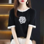 80 Pieces Summer Camellia Korean Style Loose Versatile Color-block Knit T-Shirt Stock Clearance - Image 4