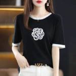 80 Pieces Summer Camellia Korean Style Loose Versatile Color-block Knit T-Shirt Stock Clearance - Image 2