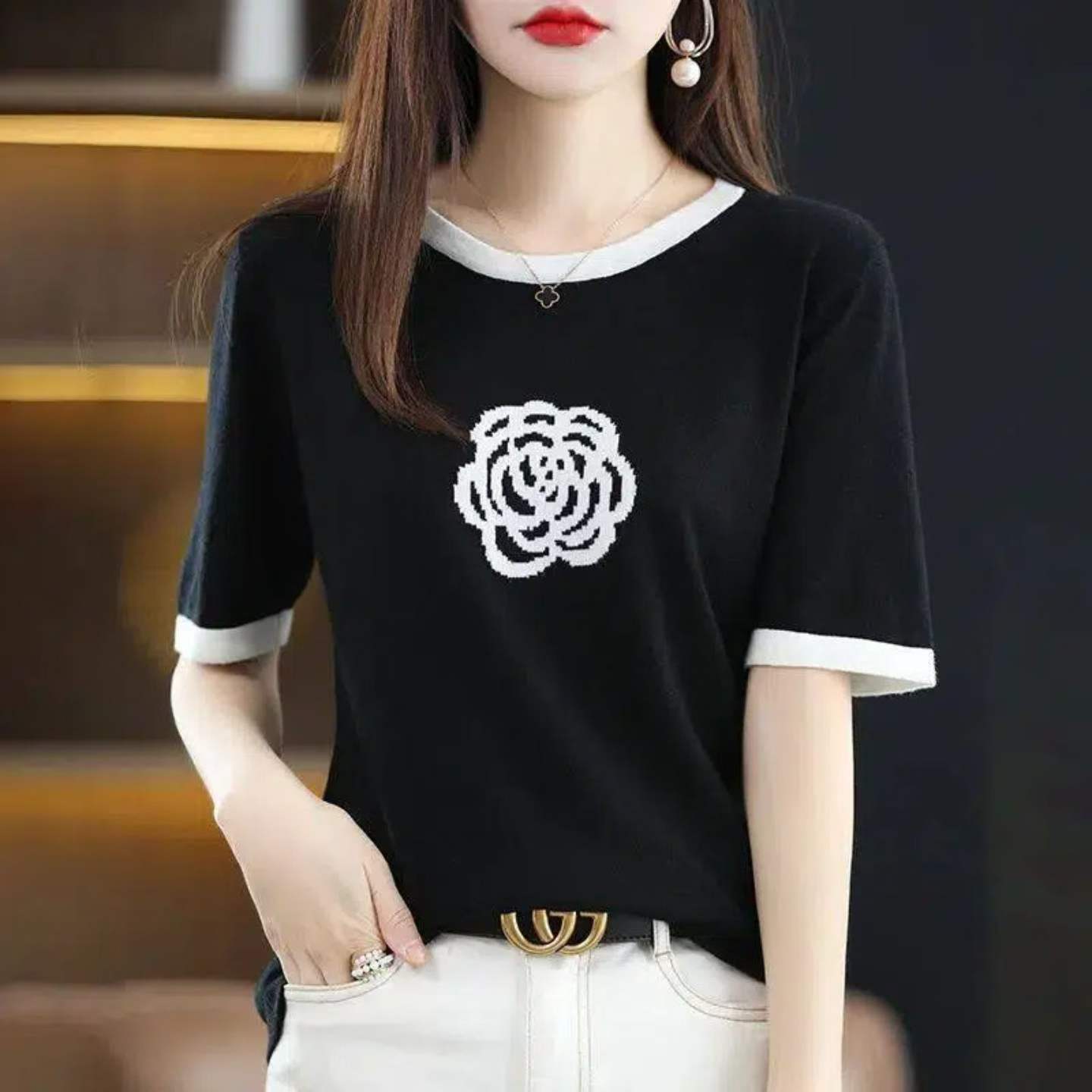 80 Pieces Summer Camellia Korean Style Loose Versatile Color-block Knit T-Shirt Stock Clearance - Image 2