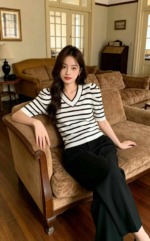 Summer New Contrast Stripe Puff Sleeve Knit Short Sleeve T-Shirt | 200 Pieces Bulk Stock Wholesale - Image 8