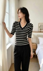 Summer New Contrast Stripe Puff Sleeve Knit Short Sleeve T-Shirt | 200 Pieces Bulk Stock Wholesale - Image 7