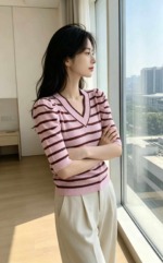 Summer New Contrast Stripe Puff Sleeve Knit Short Sleeve T-Shirt | 200 Pieces Bulk Stock Wholesale - Image 5