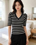 Summer New Contrast Stripe Puff Sleeve Knit Short Sleeve T-Shirt | 200 Pieces Bulk Stock Wholesale - Image 3