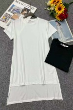 470 Pieces Summer Korean Style Solid Color Slim Fit Stretch Slit Mid-length Crew Neck Short Sleeve T-shirts Bulk Stock Clearance - Image 1